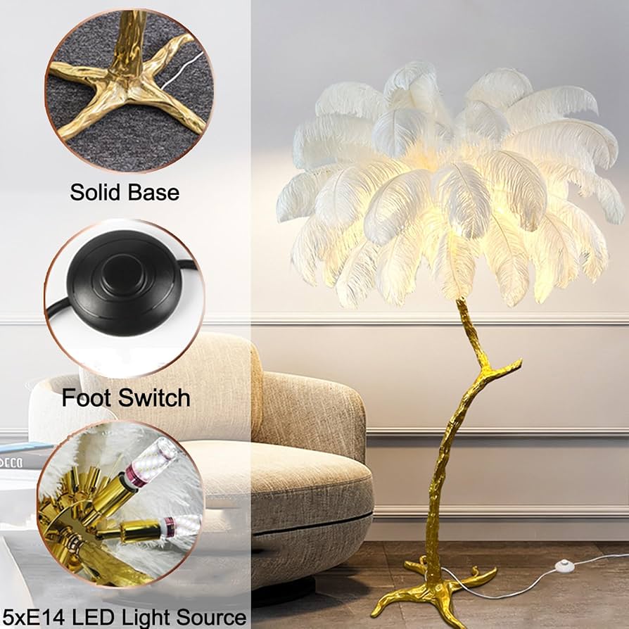 調光可能な天然ダチョウの羽根三脚付き樹脂製 LED フロアランプ